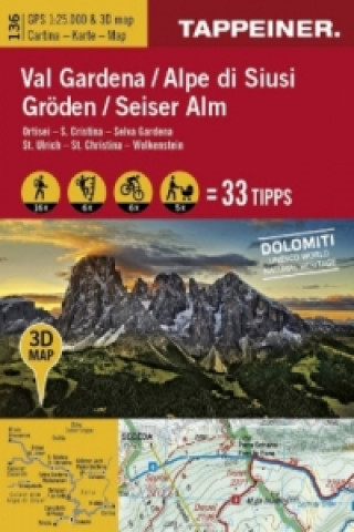 3D-Wanderkarte Gröden / Seiser Alm / Carta escursionistica 3D Val Gardena / Alpe di Siusi