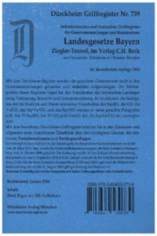 Bayern Landesgesetze Griffregister Nr. 739 (2016) Ziegler-Tremel: 102 Selbstklebende und bedruckte Griffregister