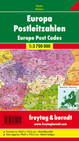 Postleitzahlenkarte Europa 1 : 3 700 000. Poster-Karte mit Metallbestäbung