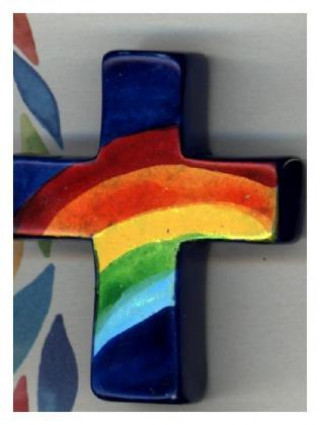 Handkreuz blau mit Regenbogen