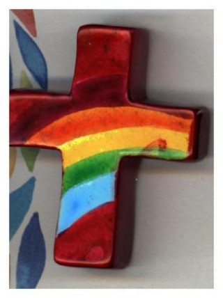 Handkreuz rot mit Regenbogen