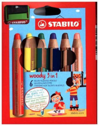 Buntstift, Wasserfarbe & Wachsmalkreide - STABILO woody 3 in 1 - 6er Pack mit Spitzer - mit 6 verschiedenen Farben