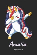 Amalia - Notebook: Blank Lined Personalized & Customized Name Great Britain Union Jack Flag Hair Dabbing Unicorn Notebook / Journal for Girls & Women.