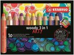 Pastelky STABILO Woody 3in1, sada 10 ks v pouzdru s ořezávátkem 