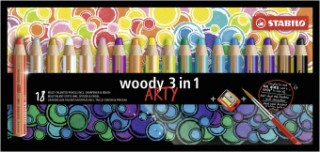 Pastelky STABILO Woody 3in1, sada 18 ks v pouzdru s ořezávátkem a štětcem "ARTY"