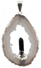 Pendentif argenté - Géode d' Agate avec pointe Tourmaline Noire