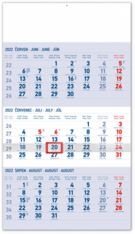 Nástěnný kalendář 3měsíční standard modrý – s českými jmény 2022