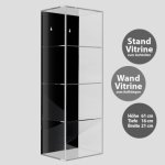 Hochwertige Acryl-Vitrine mit schwarzer Rückwand und 4 Ebenen. Einschub an der Vorderseite kann komplett geöffnet werden. Wahlweise als Stand-oder Wan