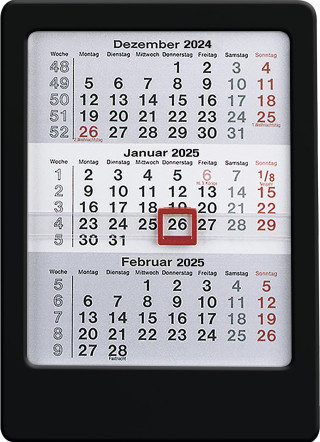 3-Monats-Tischaufsteller 2025 schwarz - Tisch-Kalender 12x16 cm - Büro-Kalender - mit Datumsschieber - Zettler