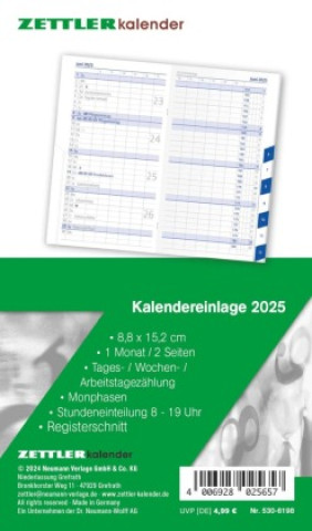 Kalender-Ersatzeinlage 2025 - für den Taschenplaner Typ 530 - 8,8x15,2 cm - 1 Monat auf 2 Seiten - Registerschnitt - separates Adressheft - Notizheft