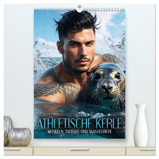 Athletische Kerle - Muskeln, Tattoos und Wassertiere (hochwertiger Premium Wandkalender 2025 DIN A2 hoch), Kunstdruck in Hochglanz