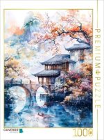 CALVENDO Puzzle Bergdorf mit Brücke. Chinesische Häuser. Aquarellmalerei | 1000 Teile Lege-Größe 64x48cm Foto-Puzzle für glückliche Stunden