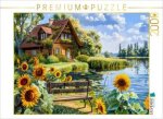 CALVENDO Puzzle Cottage Haus am Wasser mit Sonnenblumenfeld davor | 2000 Teile Lege-Größe 90x67cm Foto-Puzzle für glückliche Stunden