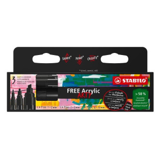 Akrylový popisovač STABILO FREE Acrylic - sada 3 ks se 3 různými hroty - černá (Hračka)