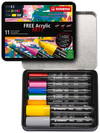 Akrylový popisovač STABILO FREE Acrylic - startovací sada 11 ks se 3 různými hroty - mix barev (Hračka)