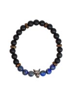 Bracelet perles rondes charms Tête de loup Lapis-lazuli Obsidienne noire matte