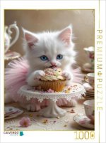 CALVENDO Puzzle Süße Babykatze im Tutu nascht einen Cupcake | 1000 Teile Lege-Größe 64x48cm Foto-Puzzle für glückliche Stunden