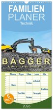 Familienplaner 2026 - Bagger - kraftvolle Arbeitsmaschinen mit 5 Spalten (Wandkalender, 21 x 45 cm) CALVENDO