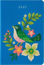 Taschenkalender A6 2027: Vogel und Blüten, bestickt, blau