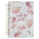 Christian Art Gifts Inspirational Journal, Walk by Faith Wide Ruled Notebook, 2 Corinthians 5:7 Bible Verse, Pink W/ White Florals, 192 Lined Pages W/