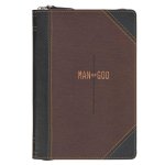Christian Art Gifts Inspirational Zippered Journal, Man of God Wide Ruled Notebook, 1 Tim. 6:11 Bible Verse, Two Tone Brown/Black Vegan Leather, 336 L