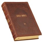 KJV Holy Bible, Giant Print Standard Size Premium Full Grain Leather Red Letter Edition - Thumb Index & Ribbon Marker, King James Version, Brown Debos